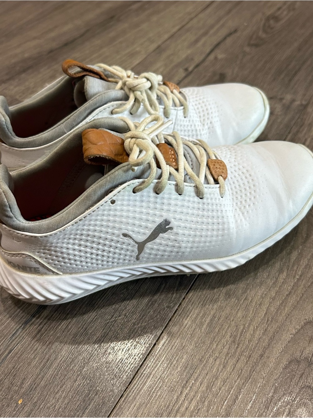 Puma Boys White Golf Shoes with Tan Accents